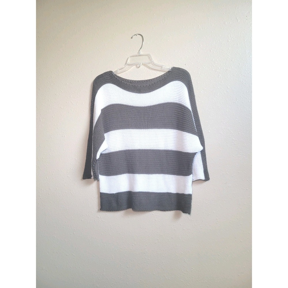 Carina Ricci Women's Sweater Open Knit Striped Boatneck White Gray Pullover Sz L